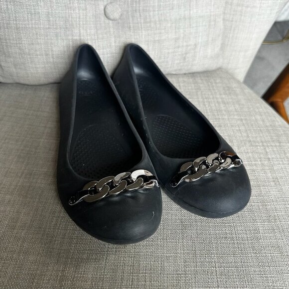 Crocs Gianna Ballet Flats Womens Sz 8 Black Non Slip Closed Toe Chain Link - Picture 2 of 10